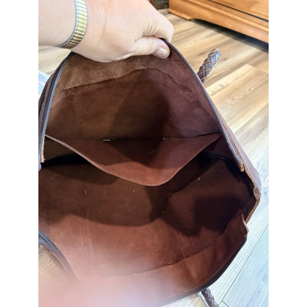 Noonday Collection Rustic Leather Tote Shoulder Bag Cognac Studded Leather Large